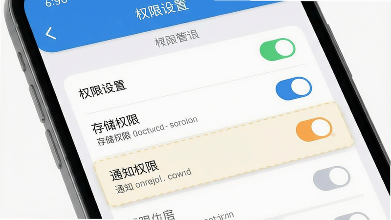 主体为手机设置界面,布局展示权限管理列表,排版清晰勾选状态,风格为扁平化UI,细节高亮“存储权限”与“通知权限”,画质清晰,干净,无多余元素,文字“权限设置”