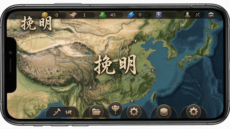 主体为手机屏幕,显示《挽明》游戏主界面,布局清晰,顶部为资源栏,中部为动态历史地图,底部为功能按钮,风格为古风写实与扁平化结合,细节丰富,画质高清,干净,无多余元素,包含文字“挽明”