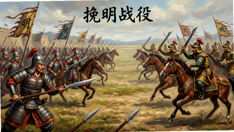 主体为游戏战斗场景,展示明朝军队与后金骑兵对阵,布局为战场全景,左侧为明军阵型,右侧为敌军冲锋,风格为史诗油画风,细节刻画士兵表情与盔甲质感,画质极高,干净,无多余元素,包含文字“挽明战役”