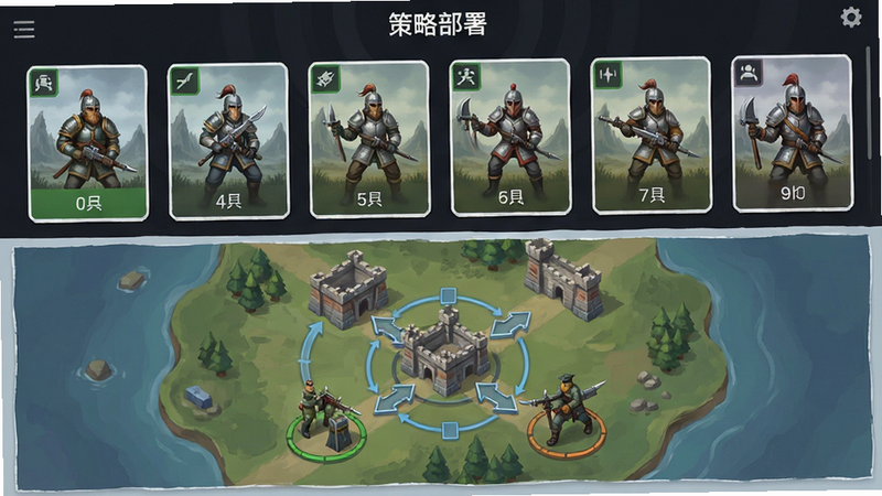 主体为策略操作界面,展示兵种卡片与地图交互,布局为上下结构,上方为兵种选择区,下方为地图部署区,风格为简约UI设计,细节清晰,图标精致,画质清晰,干净,无多余元素,包含文字“策略部署”