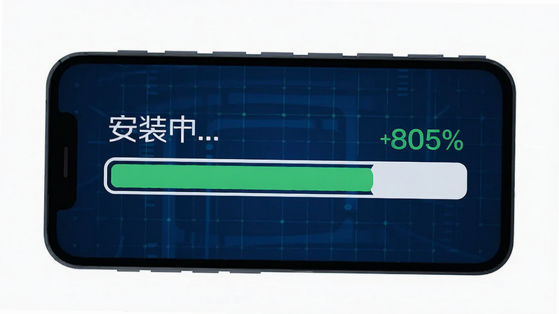 主体为手机屏幕界面,显示一个进度条正在快速填充,布局为横向长条状,排版清晰,风格为扁平化科技风,细节展现绿色的进度指示与百分比数字,背景为深蓝色科技感网格,画质高清,干净,无多余元素,文字