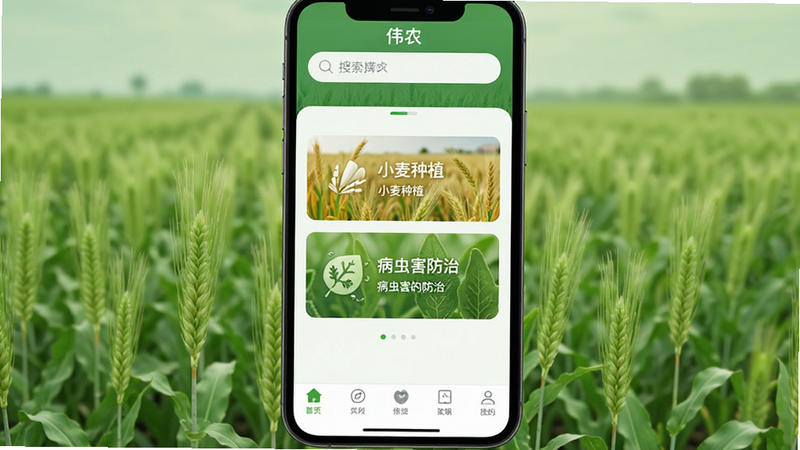 ����Ϊ�ֻ���Ļ��ʾ��ΰũ��APP���棬��������������Ϊ���������в�չʾ��С����ֲ���롰���溦���Ρ�����������ڣ��ײ�Ϊ��������������ִ���ϸ�ڴ�����ɫũ�ﱳ����Լ�ɼ������ʸ��壬�ɾ����޶���Ԫ�أ����֡�ΰũ�������ɼ�