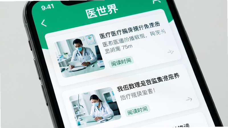 ����Ϊ�ֻ���Ļ��д����ʾҽ����APP����Ѷ�б�ҳ������Ϊ��Ƭʽ��ֱ�������Ű��������£����Ϊ����ҽ���̰���ɫ��ϸ�ڰ������±�������ͼ���Ķ�ʱ����ǩ������ϸ�壬����ɾ������ҹ�棬������ʾ����