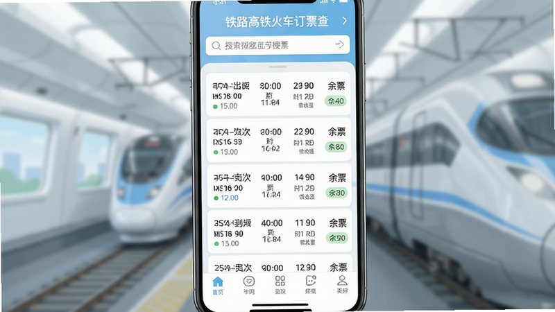 一张高清的手机界面展示图,主体为“铁路高铁火车订票查”APP的主界面,布局清晰,顶部显示搜索栏,中间列出多趟高铁列车信息,包含车次、出发时间、到达时间、余票状态,底部有导航栏。风格为现代扁平化设计,色调以白色和淡蓝色为主,细节处字体清晰,画质干净,无多余元素,突出专业与高效。