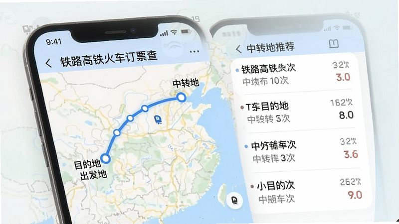 手机界面展示“铁路高铁火车订票查”的中转方案推荐页面,地图背景上标注出发地、中转地、目的地三个点,连线显示路线,旁边列出中转车次详情,风格直观易懂,色彩柔和,细节准确,画质高清,无杂乱元素。