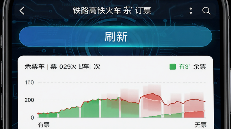 手机界面截图,显示“铁路高铁火车订票查”的余票监控页面,有一个醒目的“刷新”按钮,下方列表显示某趟车次的余票数量变化趋势图,绿色代表有票,红色代表无票,风格科技感强,细节丰富,画质清晰,布局紧凑,无多余装饰。