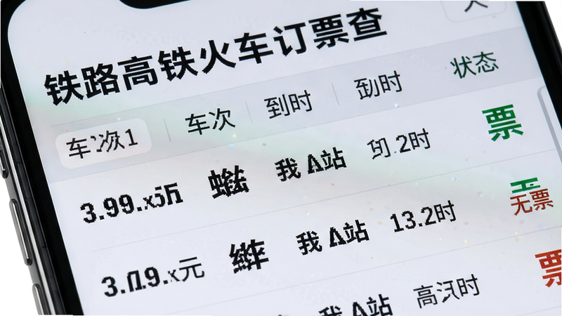 手机屏幕特写,显示“铁路高铁火车订票查”的查询结果页面,列表形式展示高铁车次,每行包含车次号、始发站、终到站、出发时间、到达时间、历时、状态(有票/无票),字体加粗突出关键信息,背景为浅灰色,风格简洁现代,细节清晰,画质高清,无水印。