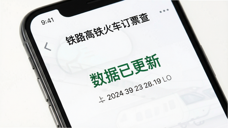 手机界面展示“铁路高铁火车订票查”的数据同步状态,显示“数据已更新”字样,时间戳清晰,背景为白色,风格简洁专业,细节准确,画质高清,无杂乱元素。