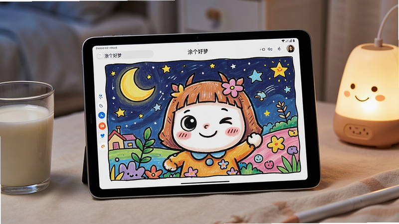 һ����׿ƽ����Ժ������ã���Ļ��ʾ��Ϳ�����Ρ�APP��ȫ��Ϳɫ���棬ɫ�����ޣ��Ա߷���һ��ţ�̺�һյСҹ�ƣ�Ӫ����ܰ��˯ǰ��Χ�����壬��ʵ��ǿ���ɾ�