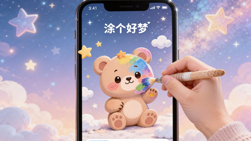 һ����Ϊ��Ϳ�����Ρ����ֻ�APP����չʾ������Ϊ�ֻ���Ļ����ʾ��ɫ����͵��λ��ǿձ������м���һֻ�ɰ��Ŀ�ͨС�����ڱ�Ϳ����ɫ����ΧƯ�������Ǻ��ƶ䣬��������ܰ���������壬�ɾ����޶���Ԫ��
