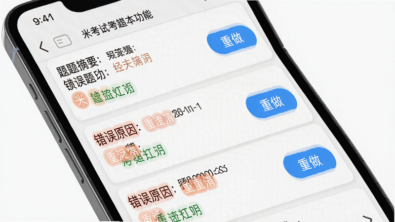 米考试等考错题本功能界面,主体为手机屏幕,布局为列表形式,每条记录包含题目摘要、错误原因标签及“重做”按钮,风格清晰直观,细节展示知识点标签,画质高清,干净无多余元素