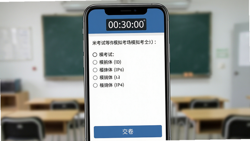 米考试等考模拟考场界面展示,主体为手机屏幕,布局模仿真实考试系统,顶部有倒计时器“00:30:00”,中间为单选题题干与选项,底部有“交卷”按钮,风格严肃专业,细节清晰,画质高清,干净无多余元素