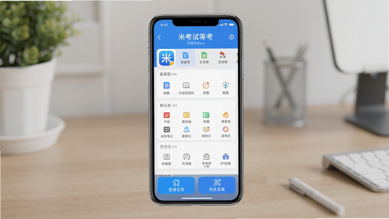米考试等考安卓版应用主界面全景展示,主体为手机屏幕,布局清晰,顶部显示应用名称“米考试等考”,中间区域为分类导航栏,底部为功能按钮,风格简约现代,细节丰富,画质高清,干净无多余元素