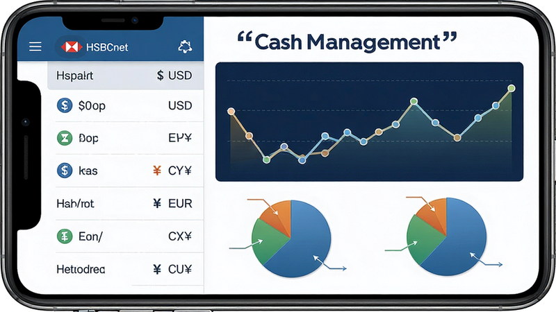 HSBCnet�ֽ��������ʾ��ͼ������Ϊһ���ֻ���Ļ��ʾ������ͼ�ͱ�ͼ������Ϊ���ҷ��������Ϊ�����б����Ҳ�Ϊ��̬ͼ�����Ű����룬���Ϊרҵ����UI��ƣ�ϸ�ڰ������ҷ���USD��EUR��CNY��ͼ�꣬���ʸ߱��棬�ɾ�����㣬����