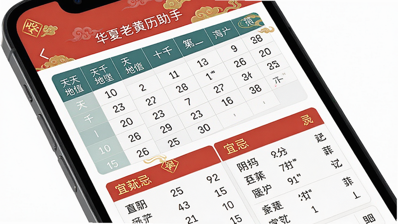 手机屏幕特写,显示华夏老黄历助手App的黄历详情页,包含天干地支表格和宜忌列表,布局规整,排版紧凑,风格现代简约,细节处有传统色彩点缀,画质清晰,干净无杂质,文字内容完整展示