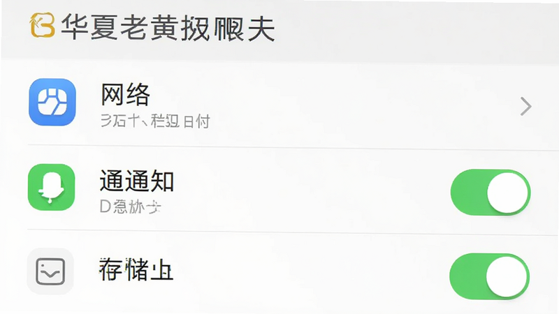 手机设置界面截图,显示华夏老黄历助手App的权限管理页面,包括网络、通知、存储权限开关,布局清晰,排版整齐,风格系统原生,细节处有图标标识,画质清晰,干净无干扰,文字说明准确