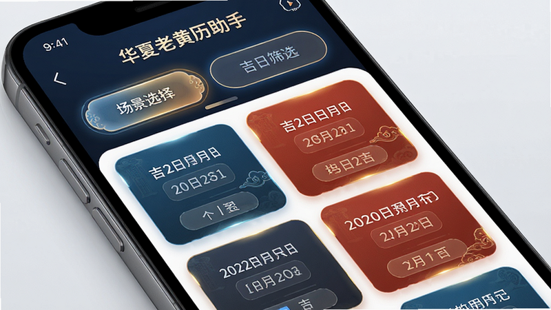 手机界面展示华夏老黄历助手App的吉日筛选页面,上方有场景选择按钮,下方列出多个吉日日期卡片,布局层次分明,排版美观,风格科技感与传统结合,细节处有光影效果,画质高清,干净无干扰,文字标签清晰