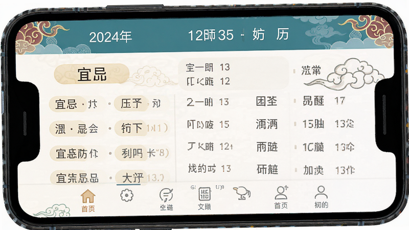 主体为手机屏幕显示华夏老黄历助手App界面,布局清晰,顶部显示日期与农历,中部展示宜忌事项列表,底部有导航栏,排版简洁大方,风格清新扁平化,细节处体现传统纹样装饰,画质高清,干净无多余元素,文字清晰可见