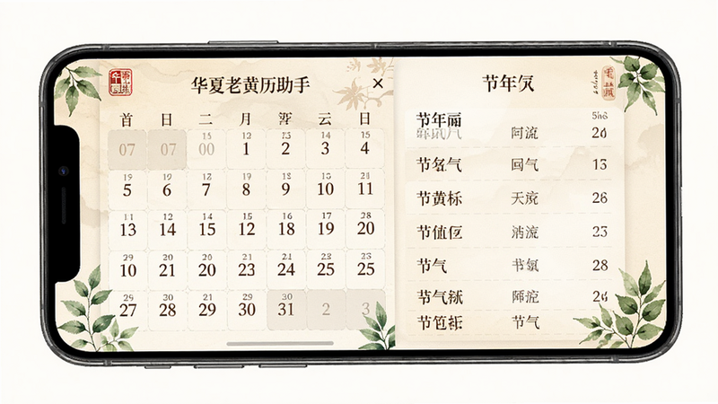 手机屏幕显示华夏老黄历助手App的万年历页面,左侧为月历网格,右侧为节气列表,布局对称平衡,排版整齐,风格温馨雅致,细节处有植物插图装饰,画质细腻,干净无多余元素,文字字体优美