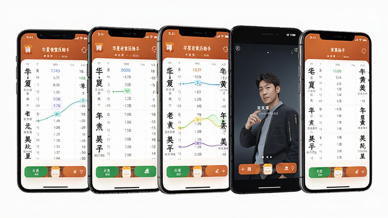 多部不同品牌手机并排展示华夏老黄历助手App界面,布局对比鲜明,排版统一,风格现代简洁,细节处体现屏幕适配效果,画质高清,干净无多余元素,文字清晰可读