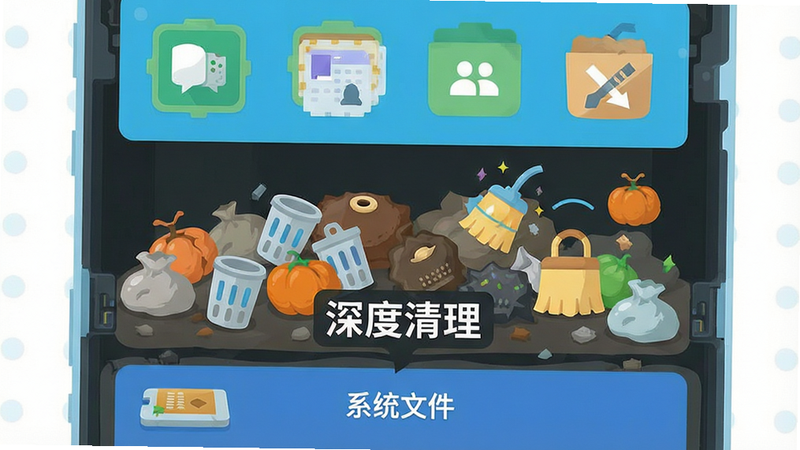 主体为手机内部存储结构剖面示意图,布局分层展示,上层为应用数据,中层为游戏缓存垃圾,底层为系统文件,排版结构清晰,风格扁平化设计,细节处有垃圾文件被清理的动画效果示意,画质明亮清爽,干净无多余装饰,文字“深度清理”标注在垃圾层