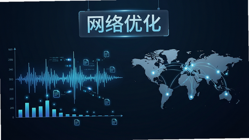 主体为网络信号波形图与地球连接节点示意图,布局左右对称,左侧为信号强度柱状图,右侧为全球地图连线,排版科技感布局,风格极简科技风,细节处有数据包传输的光点,画质高精度渲染,干净无背景干扰,文字“网络优化”悬浮于上方