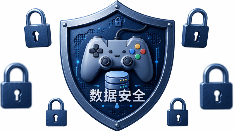 主体为一个盾牌图标包裹着游戏手柄与数据库符号,布局中心聚焦,周围环绕安全锁图案,排版庄重稳固,风格深蓝色信任感设计,细节处有加密纹理,画质细腻逼真,干净无多余元素,文字“数据安全”清晰印在盾牌上