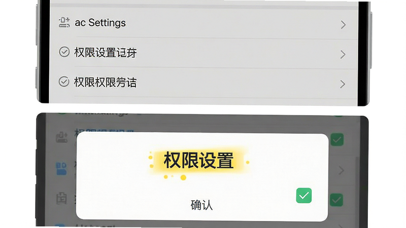 主体为手机设置界面与工具箱权限勾选示意图,布局上下结构,上方为手机设置列表,下方为权限确认弹窗,排版直观易懂,风格扁平化UI设计,细节处有对勾图标,画质清晰锐利,干净无背景噪音,文字“权限设置”高亮显示