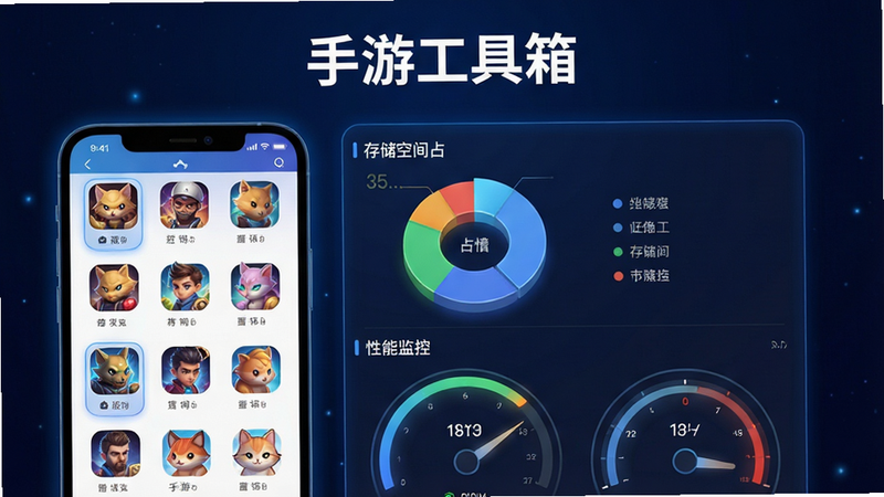 主体为一款名为“手游工具箱”的手机应用界面概念图,布局清晰整洁,左侧展示游戏图标列表,右侧显示存储空间占用饼图与性能监控仪表盘,排版现代简约,风格科技感强,细节处有蓝色光晕点缀,画质高清,干净无多余元素,文字“手游工具箱”清晰可见,背景为深空渐变蓝