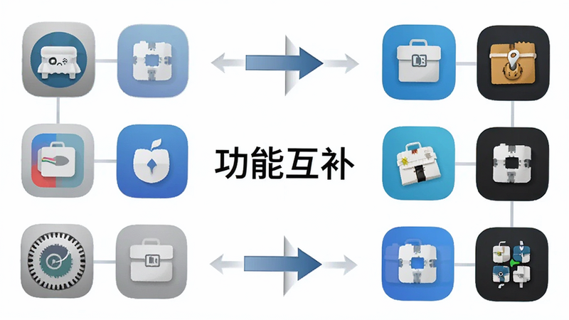 主体为手机自带设置与第三方工具箱功能对比图,布局左右分栏,左侧为系统设置图标,右侧为工具箱特色功能图标,排版对比鲜明,风格简洁商务,细节处有箭头连接表示互补关系,画质高清,干净无多余元素,文字“功能互补”居中展示