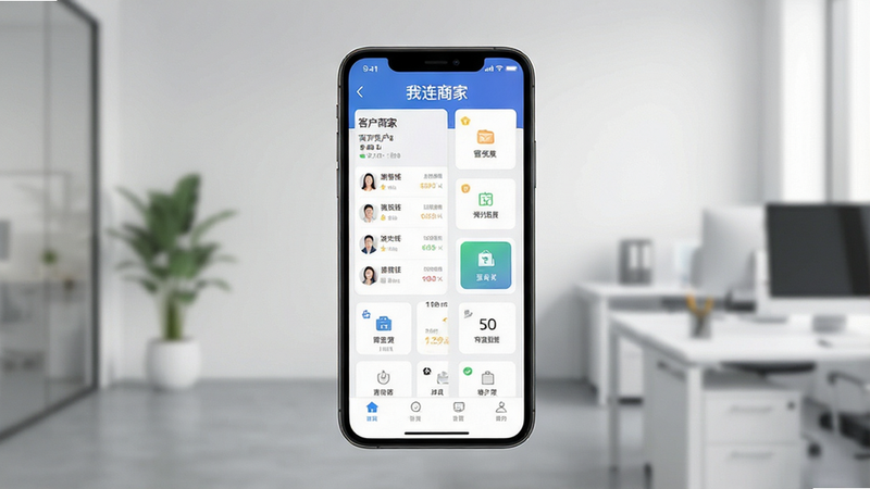 һ��չʾ�������̼ҡ�APP���Ĺ��ܽ����ȫ��ͼ������Ϊ�ֻ���Ļ����ʾ�������Ŀͻ��б���Ӫ��������ڣ�����Ϊ��Լ�İ칫�������������࣬�Ű����������ִ�����ϸ�ڷḻ�����ʸ��壬�ɾ��޶���Ԫ�أ����֡������̼ҡ������ɼ�