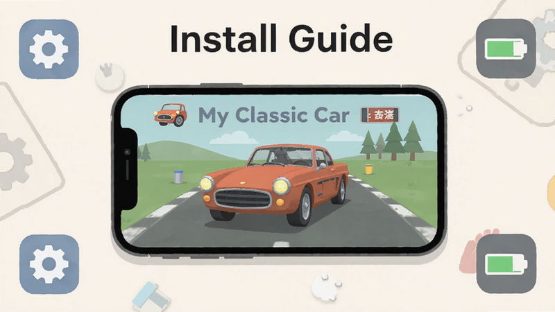主体为手机屏幕显示 My Classic Car 游戏界面,背景为桌面,周围有手机设置图标和电池图标,画面整洁,风格为扁平化设计,色彩柔和,布局清晰,画质清晰,无多余元素,文字