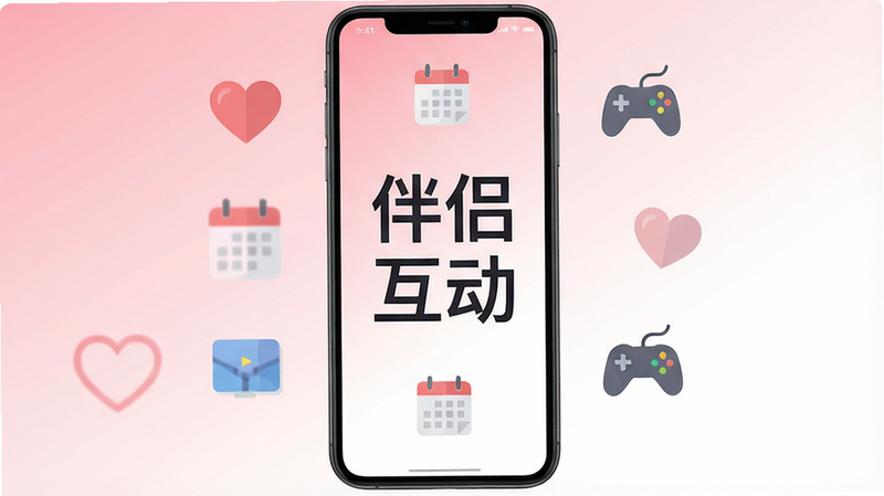 一张高清扁平化风格的手机应用界面全景图,屏幕中央显示“伴侣互动”四个大字,周围环绕着爱心、日历、游戏手柄等图标,背景为柔和的粉色与白色渐变,布局整洁有序,无多余元素,高清画质
