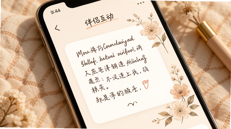 手机界面展示“伴侣互动”的日记本功能,页面呈现手写字迹风格的文本框,旁边配有淡雅的花卉装饰图案,色调温暖柔和,体现私密与温馨感,UI设计简约优雅,高清细节,无噪点