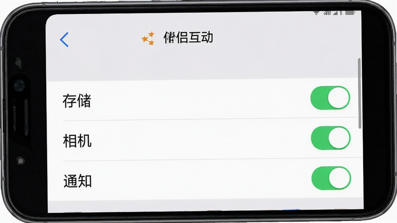 手机设置界面示意图,显示“伴侣互动”应用的权限管理页面,勾选了“存储”、“相机”和“通知”权限,背景为简洁的白色设置列表,界面清晰直观,无多余水印,高清画质