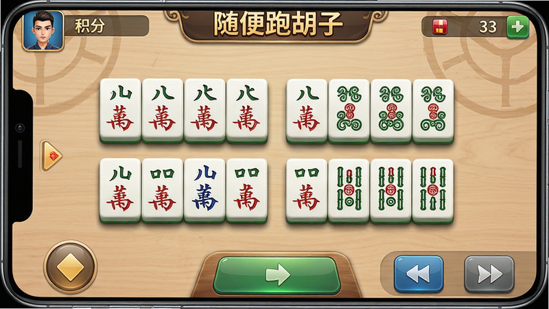 主体为一款名为“随便跑胡子”的安卓手机游戏界面截图,布局采用竖屏设计,屏幕中央整齐排列着四组麻将牌,牌面清晰可见,背景为淡雅的木质纹理桌面,顶部显示玩家头像与积分,底部为操作按钮区,风格为写实高清游戏UI,细节丰富,画质4K,干净无多余水印元素,文字“随便跑胡子”清晰展示在顶部标题栏