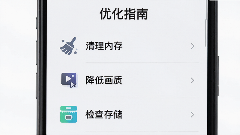 主体为手机性能优化建议界面,布局为列表形式,显示“清理内存”、“降低画质”、“检查存储”三个步骤,风格简洁明了,细节图标对应每个步骤,画质清晰,干净背景,文字“优化指南”位于顶部