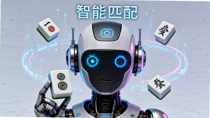 主体为拟人化AI机器人头像与麻将牌交互场景,布局居中对称,机器人手持一张“一筒”牌,周围漂浮着数据流光环,风格赛博朋克与国潮结合,细节精致,画质8K超清,干净背景,文字“智能匹配”悬浮在机器人上方