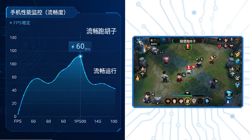 主体为手机性能监控图表与游戏画面叠加,布局左侧为流畅度曲线图,右侧为“随便跑胡子”游戏对局小窗口,排版左右分栏,风格科技感蓝白配色,细节显示FPS数值稳定在60,画质高清,干净无杂乱线条,文字“流畅运行”位于图表旁