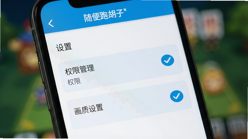 主体为一部智能手机屏幕特写,显示《随便跑胡子》的设置界面,布局聚焦于“权限管理”与“画质设置”两个选项,背景虚化,风格扁平化UI设计,细节清晰展示勾选状态,画质高清,干净无手指遮挡,文字“设置”与“权限”清晰可见