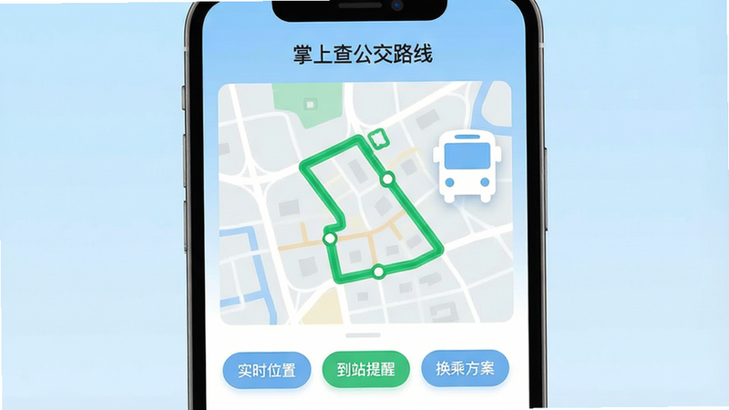 一张高清扁平化风格的移动应用界面概念图,主体为“掌上查公交路线”APP的手机屏幕预览,背景为浅蓝色渐变,屏幕中央显示简化的城市地图,地图上有一条醒目的绿色公交路线轨迹,旁边悬浮着一个白色的公交车图标,下方有三个圆角矩形按钮,分别写着“实时位置”、“到站提醒”、“换乘方案”,整体布局简洁清晰,无多余装饰元素,4k高清渲染,干净无杂色