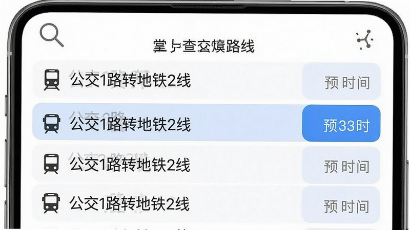 展示“掌上查公交路线”换乘规划功能的UI设计图,手机屏幕中显示一个分层的列表界面,每一行代表一个换乘方案,包含“公交1路转地铁2线”等图标化文字,右侧标注预计时间,选中项有高亮背景色,屏幕上方有一个放大镜图标象征搜索,背景为纯白,界面元素排列整齐,字体清晰易读,风格现代简约,无多余装饰,突出功能性与清晰度,4k分辨率