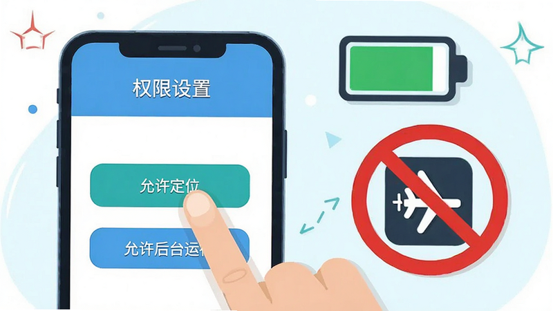展示移动端使用注意事项的插画风格图,画面主体为一部智能手机,屏幕显示“权限设置”界面,手指正在点击“允许定位”和“允许后台运行”按钮,背景中有电池图标显示电量充足,旁边有一个红色的禁止符号覆盖在飞行模式图标上,整体色调清新明亮,采用扁平化设计,元素简洁,无多余文字,突出操作指引,高清画质