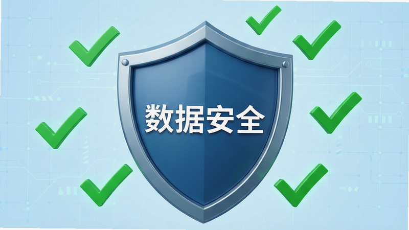 展示“掌上查公交路线”软件可靠性的概念图,画面中心是一个坚固的盾牌图标,盾牌中间写着“数据安全”字样,盾牌周围环绕着绿色的对勾符号,象征准确与可靠,背景为淡蓝色的科技网格,整体风格庄重且专业,无多余装饰,突出信任感,高清渲染,干净无杂色