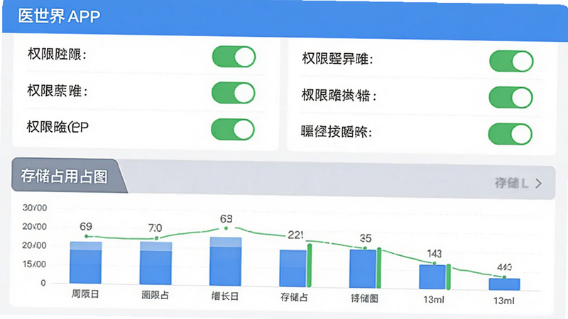 主体为医世界APP设置界面与权限管理示意图,布局上下结构,上部为权限开关列表,下部为存储占用图表,风格清晰直观,细节展示开关状态,画质清晰,干净,无多余元素