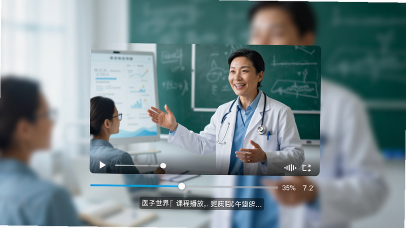 主体为医世界APP课程播放界面,布局中央为视频播放器,下方为进度条与字幕,背景虚化显示医生授课场景,风格现代活力,细节展示高清视频纹理,画质明亮,干净,无多余元素