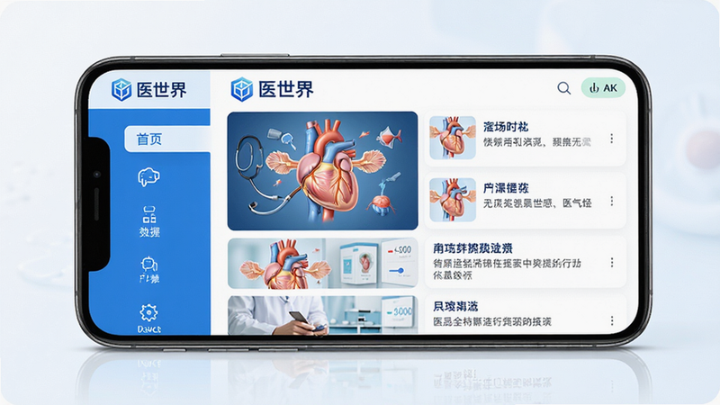 主体为医世界APP手机界面全景展示,布局清晰,左侧为导航栏,右侧为核心内容区,顶部显示“医世界”Logo,风格为现代简约医疗蓝白色调,细节丰富,显示高清医学插图与文字列表,画质4k,干净,无多余元素