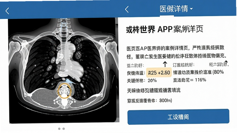 主体为医世界APP案例详情页界面,布局左图右文,左侧展示典型X光或CT影像示意图,右侧为文字解析,风格专业严谨,细节突出关键指标高亮显示,画质锐利,干净,无多余元素