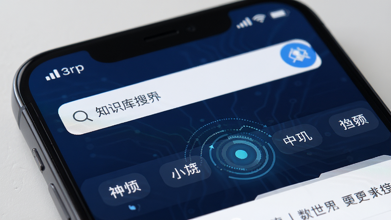 主体为手机屏幕特写,显示医世界APP内的知识库搜索界面,布局上部为搜索框,下部为分类标签栏,文字清晰可见,风格科技感强,细节展示数据加载动画,画质高清,干净,无多余元素