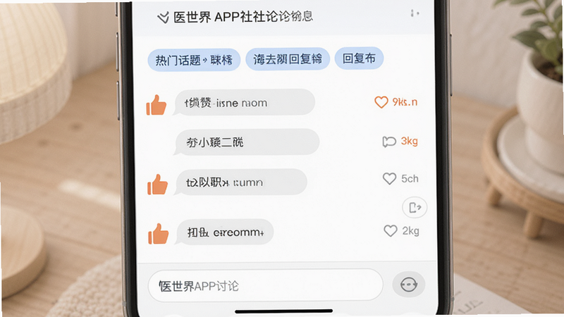 主体为医世界APP社区讨论界面,布局为聊天列表式,顶部为热门话题标签,底部为输入框,风格亲切友好,细节展示点赞与回复图标,画质柔和,干净,无多余元素